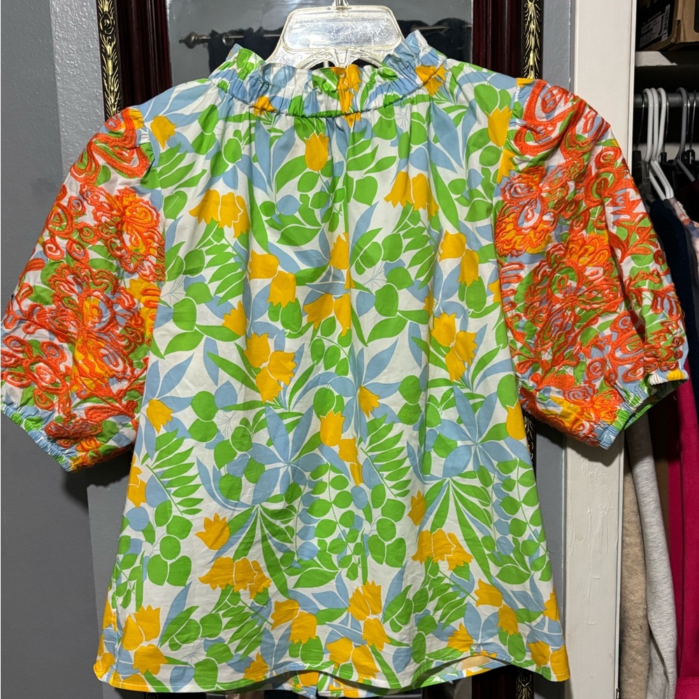 THML Cheerul Floral Boutique Blouse Green Yellow Orange Puff Sleeve Embroidered